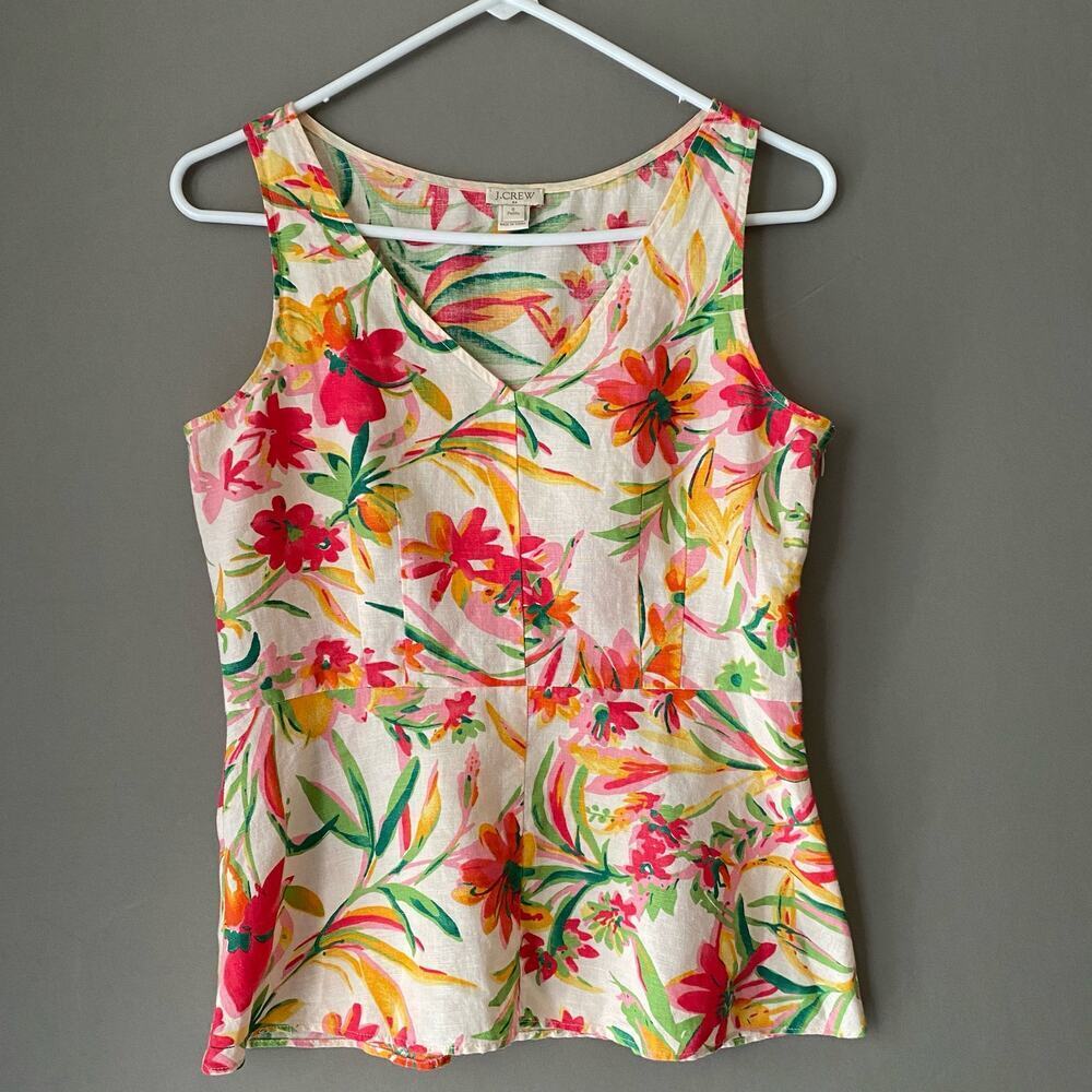 J.Crew Linen Cotton Boho Beachy Tropical Floral Peplum Tank Top 0P Pink Yellow